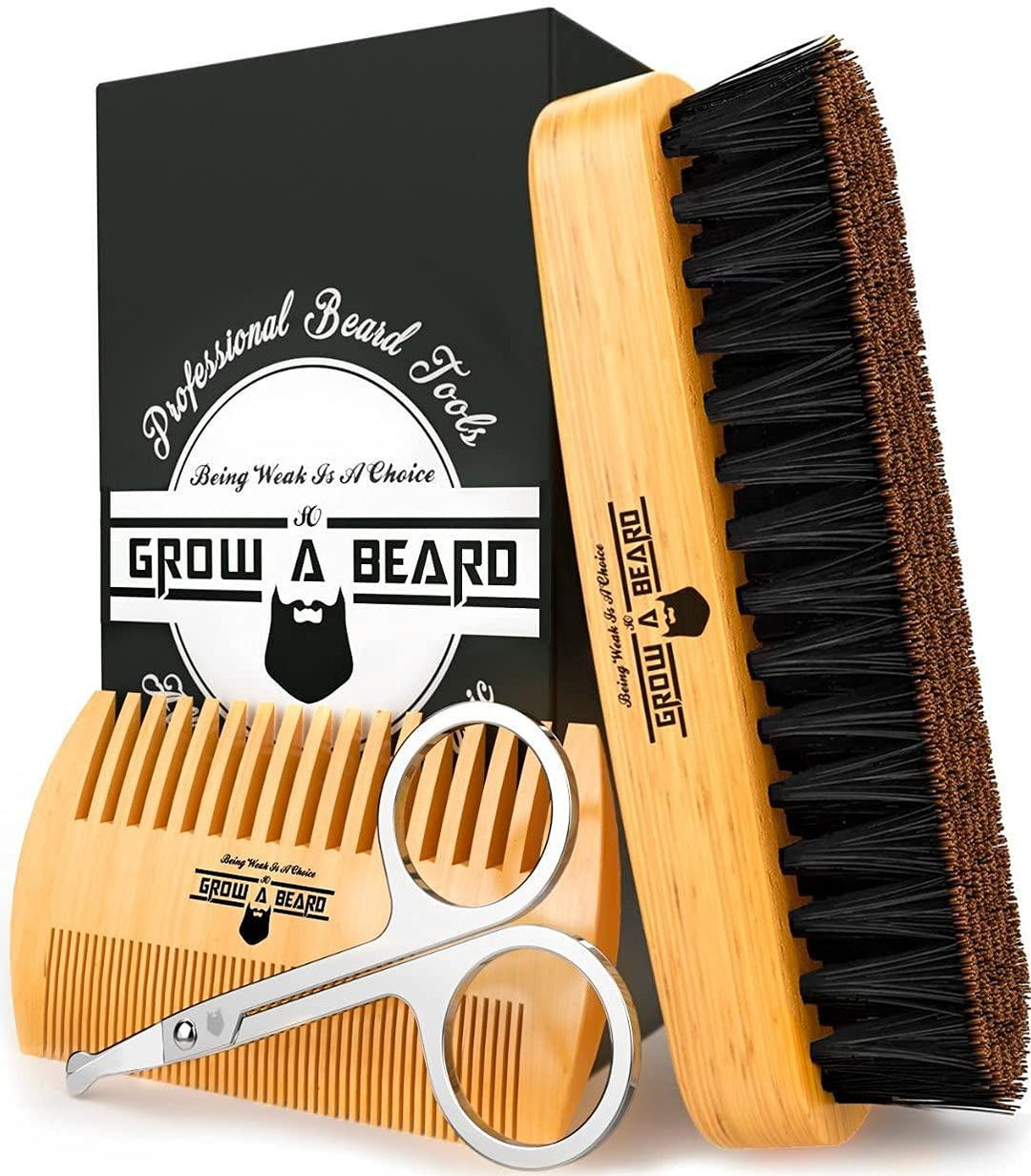 Beard Brush For Men & Beard Comb Set w/Mustache Scissors Grooming Kit - Studio Beard