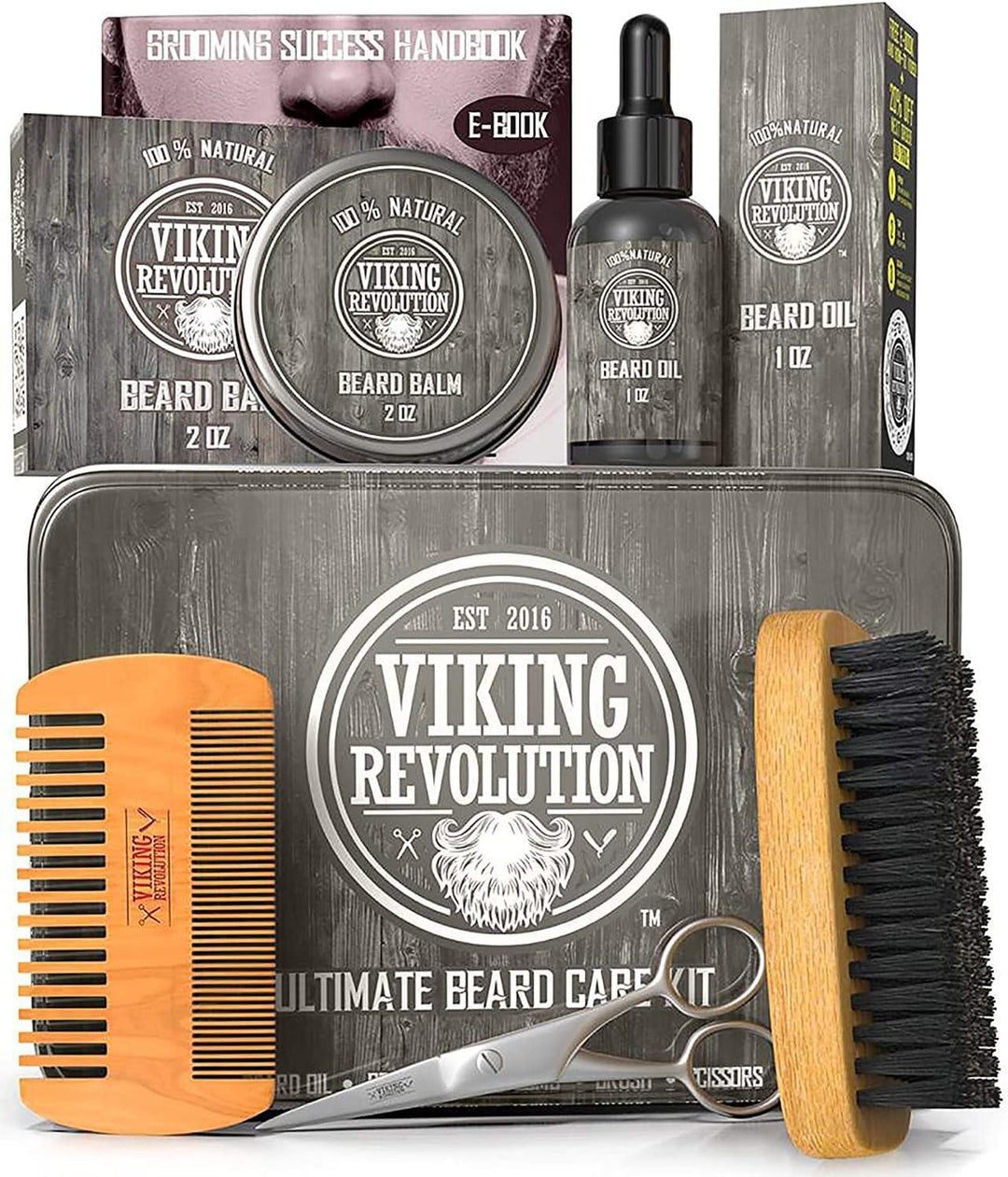 Beard Care Kit for Men - Kit includes 100% Boar Beard Brush, Wooden Comb, Beard Balm, Beard Oil, Beard & Mustache Scissors in a Metal Box - Studio Beard