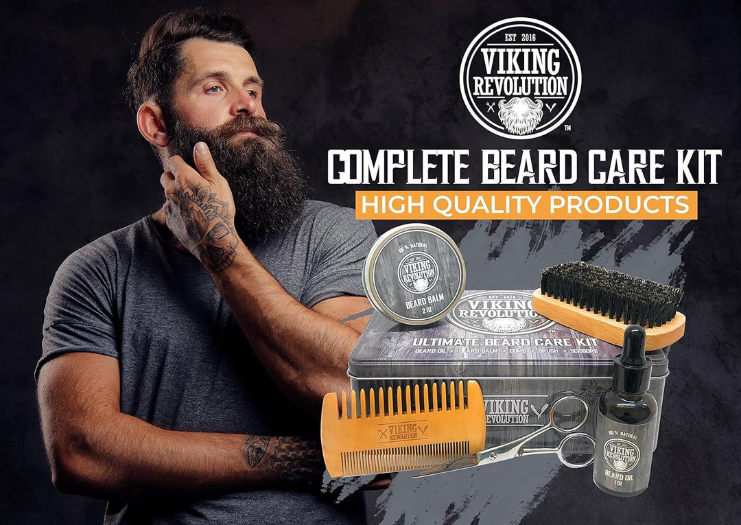 Beard Care Kit for Men - Kit includes 100% Boar Beard Brush, Wooden Comb, Beard Balm, Beard Oil, Beard & Mustache Scissors in a Metal Box - Studio Beard