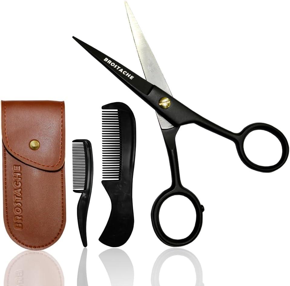 5" Beard & Mustache trimming Scissors for Men, 2 comb & Travel carrying Pouch - Studio Beard